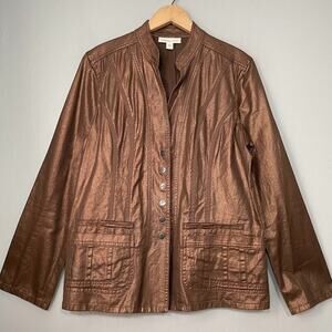 Coldwater Creek Denim Jacket Size 12 Copper Bronze Metallic Snap Earthy Glam